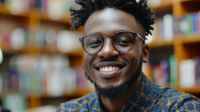 Smiling young man in modern library setting showcasing happiness and confidence during a study session