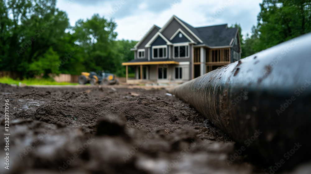 Aufkleber a large sewer pipe resting on the ground in the foreground, with a partially built house visible in 