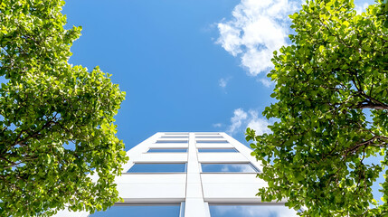 Modern building, trees, blue sky, urban nature