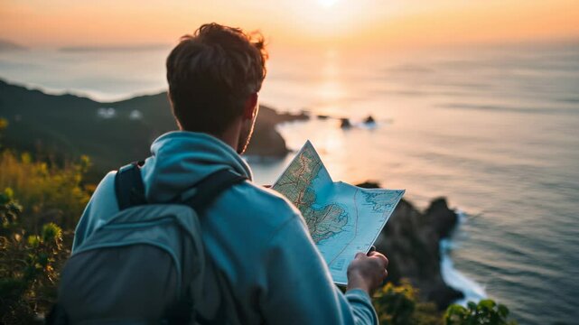 Hiker looking at map by the coast at sunset. 4k video footage

