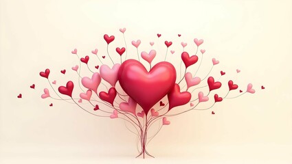 An abstract Valentine design featuring floating hearts connected by delicate threads, forming tree shape