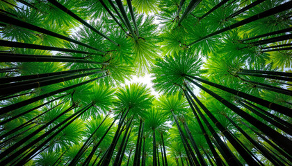 Lush green bamboo forest with fern patterns, nature's tranquility