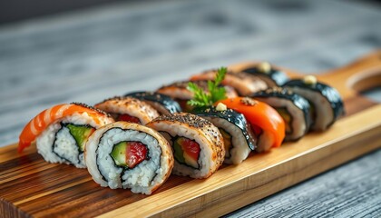 Beautifully plated sushi on a wooden board