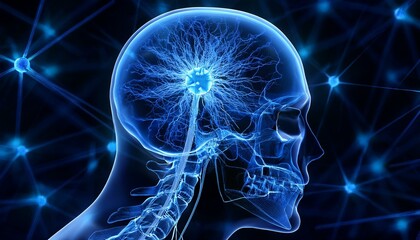 과적된 정보의 신경망 폭주, 두개골 안에서 푸른색 신경세포들이 과열된 CPU처럼 깜빡이며 과도하게 연결되는 모습