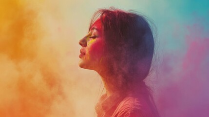 Fototapeta premium Woman Covered in Vibrant Holi Powder, Profile Portrait