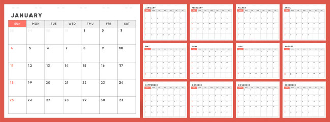 Calendar 2026. Week starts Sunday. Office corporate design monthly 2026 calendar template vector.	