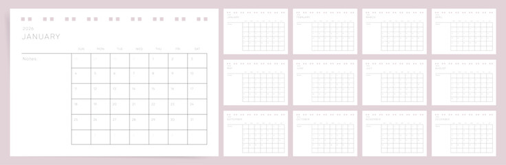 Minimal 2026 calendar design. Week starts on Sunday. Editable clean and elegant calendar page template. Minimalist trendy design for desktop design 2026 calendar planner. Set of 12 months	