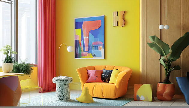 3D Illustration- Vibrant Interior Design with Colorful Furniture, Abstract Art, and Houseplants