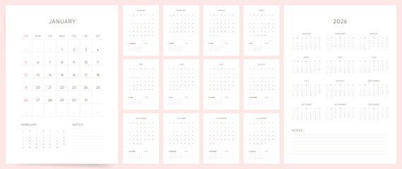 Calendar 2026, Calendar 2026 Sunday Start Clean and Elegant Minimal Vertical Design Template