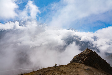 Mountain and Himalaya Landscape View from Kyanjin Ri with Langtang Peak and other mountains in Nepal