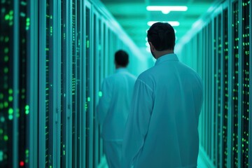 Obraz premium Predictive analytics optimizes supply chain management. Scientists in lab coats walking through a data center corridor.
