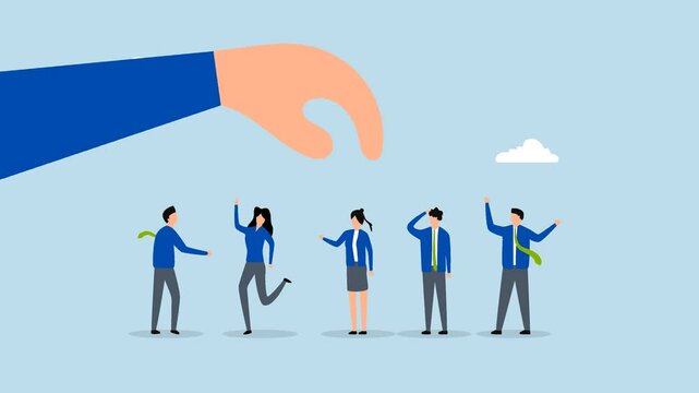 Choosing candidate for job vacancy, 4k animation of large entrepreneur selects HR to choose victor from pool of job applicants. 