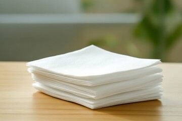 stack of white disposable napkins on a wooden table