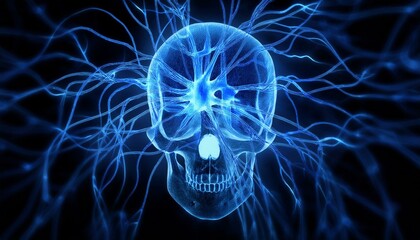 과적된 정보의 신경망 폭주, 두개골 안에서 푸른색 신경세포들이 과열된 CPU처럼 깜빡이며 과도하게 연결되는 모습