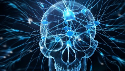 과적된 정보의 신경망 폭주, 두개골 안에서 푸른색 신경세포들이 과열된 CPU처럼 깜빡이며 과도하게 연결되는 모습