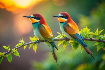 Obraz premium Vibrant Trio Yellow and Red Birds Perched on a Delicate Branch Amidst Lush Green Foliage – Close-Up Nature Photography.