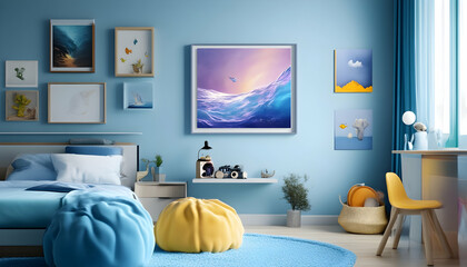 Illustration - Serene Bedroom Interior Design with Ocean Theme Wall Art