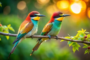 Obraz premium Vibrant Trio Yellow and Red Birds Perched on a Delicate Branch Amidst Lush Green Foliage – Close-Up Nature Photography.