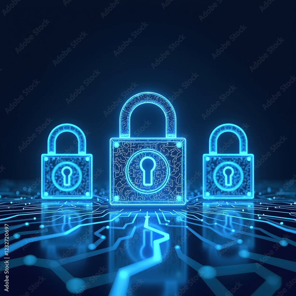 Poster digital security concept featuring three glowing padlocks of varying sizes on a circuit board backgr