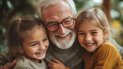 Fototapeta premium Happy grandfather cherishes joyful moments with his two smiling grandchildren together