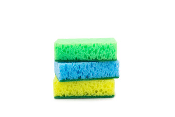 Colorful dish sponges isolated on white background. Kitchen sponge. Cleaning concept, cleaning service. Dishwashing liquid with clean and dirty dishes plate. Place for text, copy space.Wash the dishes
