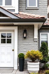 Obraz premium Modern House Exterior: Grey Brick, White Door, and Landscaped Entrance. A perfect blend of modern architecture and curb appeal.
