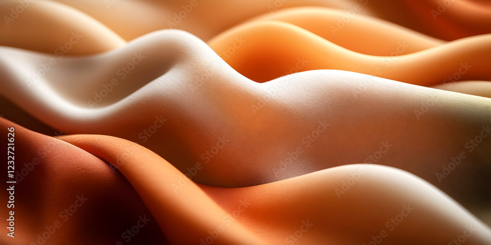 Poster abstract close-up of smooth fabric folds in warm orange and beige tones, creating a soft, wavy textu