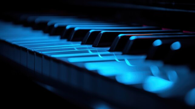 Blue-lit piano keys close-up, dark background, music studio, composition - Powered by Adobe