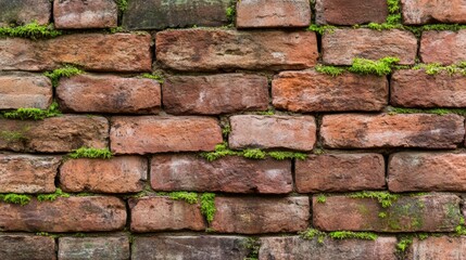 Obraz premium Rustic Brick Wall: A Weathered Red Brick Wall with Patches of Green Moss and Creeping Plants, Showcasing a Blend of Nature and Architecture, Creating a Charming and Organic Aesthetic
