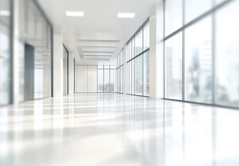 Blurred modern office interior with large glass windows and a sleek white floor, creating a clean and spacious atmosphere. This vector illustration serves as a versatile background for business 
