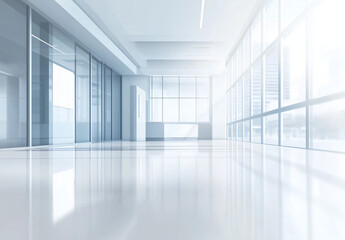 Fototapeta premium Blurred modern office interior with large glass windows and a sleek white floor, creating a clean and spacious atmosphere. This vector illustration serves as a versatile background for business 