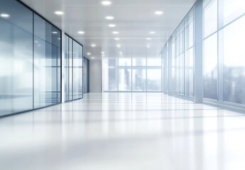 Blurred modern office interior with large glass windows and a sleek white floor, creating a clean and spacious atmosphere. This vector illustration serves as a versatile background for business 