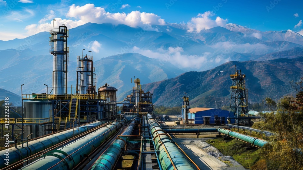 Leinwandbilder an industrial facility is surrounded by mountains with clouds hovering above. numerous pipelines ext