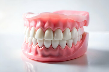 Obraz premium A realistic dental model showcases bright white teeth in pink gums, emphasizing oral health and dental education.