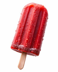 A vibrant red popsicle with a wooden stick, glistening with condensation, perfect for cooling off on a hot day.