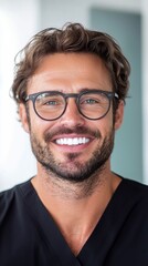 Obraz premium Close up portrait of a smiling man with light brown, wavy hair, freckles, and a short beard wearing round glasses and a dark v neck shirt against a blurred background.
