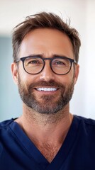 Close up portrait of a smiling man with brown hair, beard, and glasses wearing a dark blue v neck shirt against a blurred background. The image has a slightly pixelated effect.