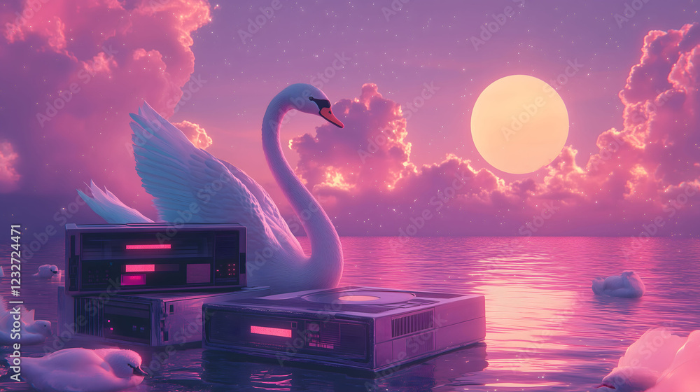 Poster digital composition featuring a serene swan with retro technology in a vibrant sunset setting. gener