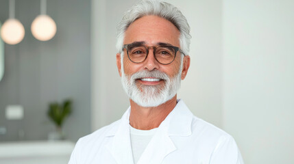 Smiling mature man with gray hair and beard wearing a white lab coat, in a softly lit interior setting.