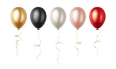Set of Realistic 3D Red Pink Silver Rose Gold Black Party Event Balloons Isolated on White Background