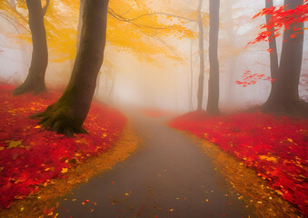 A mysterious foggy forest path in autumn, covered in golden and red fallen leaves, leading into the unknown.