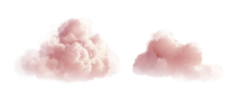 Soft and Fluffy Pink Clouds Isolated on a White Background. A pair of light pink clouds floating serenely against a pure white background,  tranquil atmosphere. Vector illustration