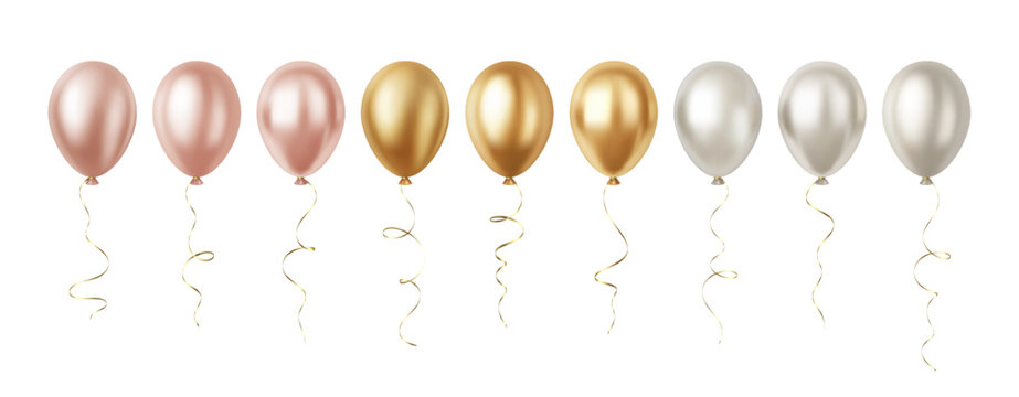 Set of Realistic 3D Rose Gold Silver Party Event Balloons Isolated on White Background
