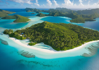 A stunning aerial view of a tropical island surrounded by turquoise waters, with white sandy beaches and lush greenery.