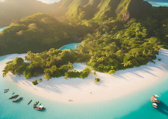A stunning aerial view of a tropical island surrounded by turquoise waters, with white sandy beaches and lush greenery.