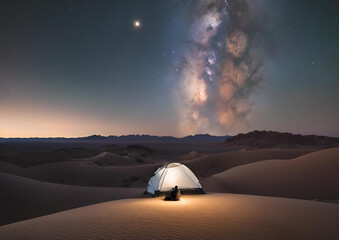 A mesmerizing view of the Milky Way galaxy above a tranquil desert landscape, with a lone traveler gazing at the stars