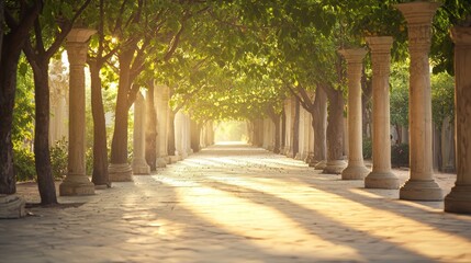 Obraz premium Sunlit Path: An Enchanting Walkway through a Colonnade of Trees