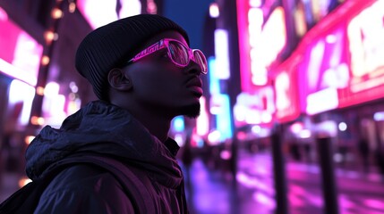 Obraz premium Stylish Man in Neon City at Night