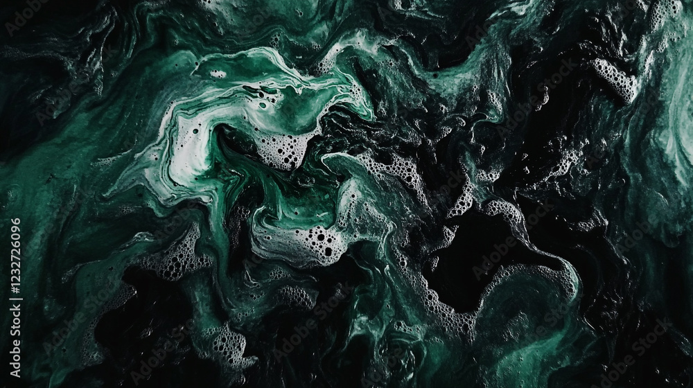 Poster Abstract green and black swirling patterns with frothy texture create mesmerizing visual art