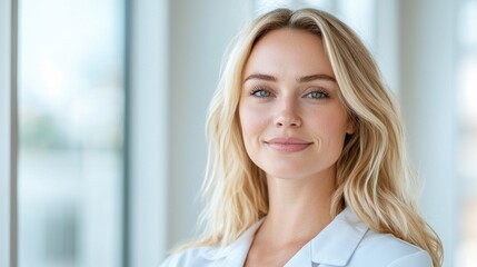 Portrait of a Young Woman with Freckles in a White Coat